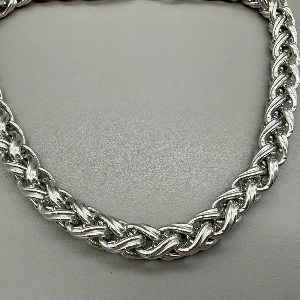 Vintage Monet Necklace Silver Tone Chunky Braided Rope Chain Statement 16
